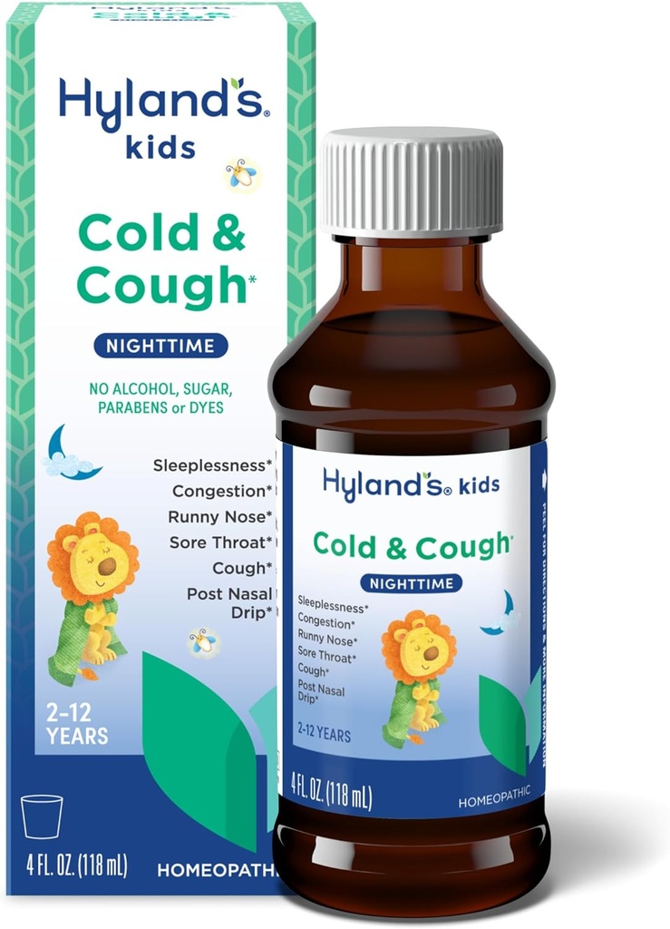 Hyland's Kids Cold and Cough, Nighttime Cough Sirup Medicine for Kids Age 2 and up, Decongestant, Sore Throat Relief and Sleepless, Relief of Common Cold Symptoms, 4 Fl Oz