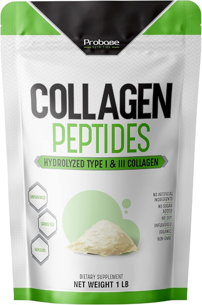 Probase Nutrition Collagen Peptides Powder (Typ I, III) for Skin Hair Nail Joint, Hydrolyzed for Better Collagen Absorbtion, Non-GMO Overified, Keto Friendly and Gluten Free, White, 16 Oz