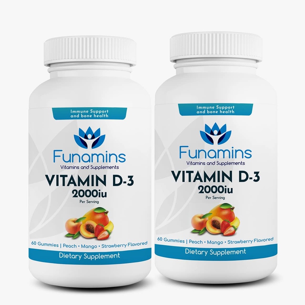 Vitamín D3 Gummies, 2-Pack, 60 Gróf Each, 2000iu per Serving, podporuje imunitný systém a zdravie kostí; pre deti a dospelých; Peach, Mango, Jahodové príchute