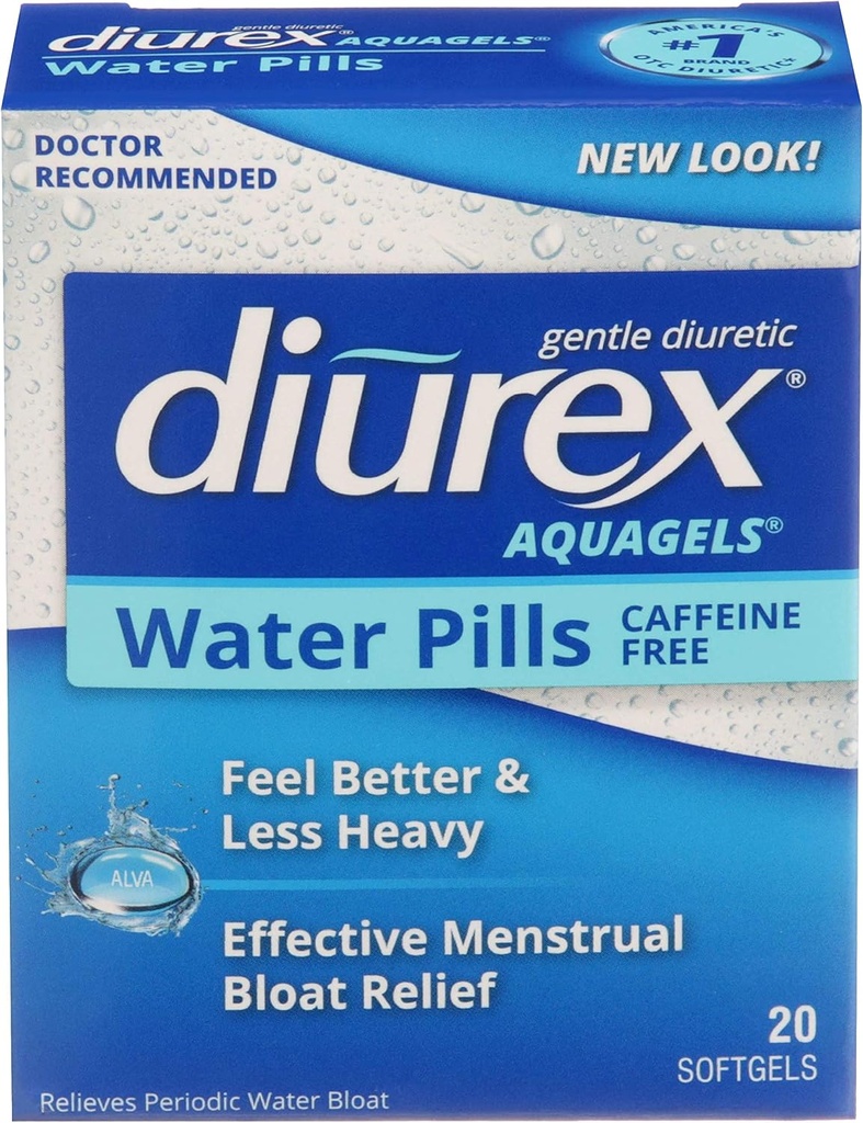 Diurex Aquagels - Kofeín Bez Diuretiká - Okamžité uvoľnenie - Reliéve voda Bloat - 20 Počet