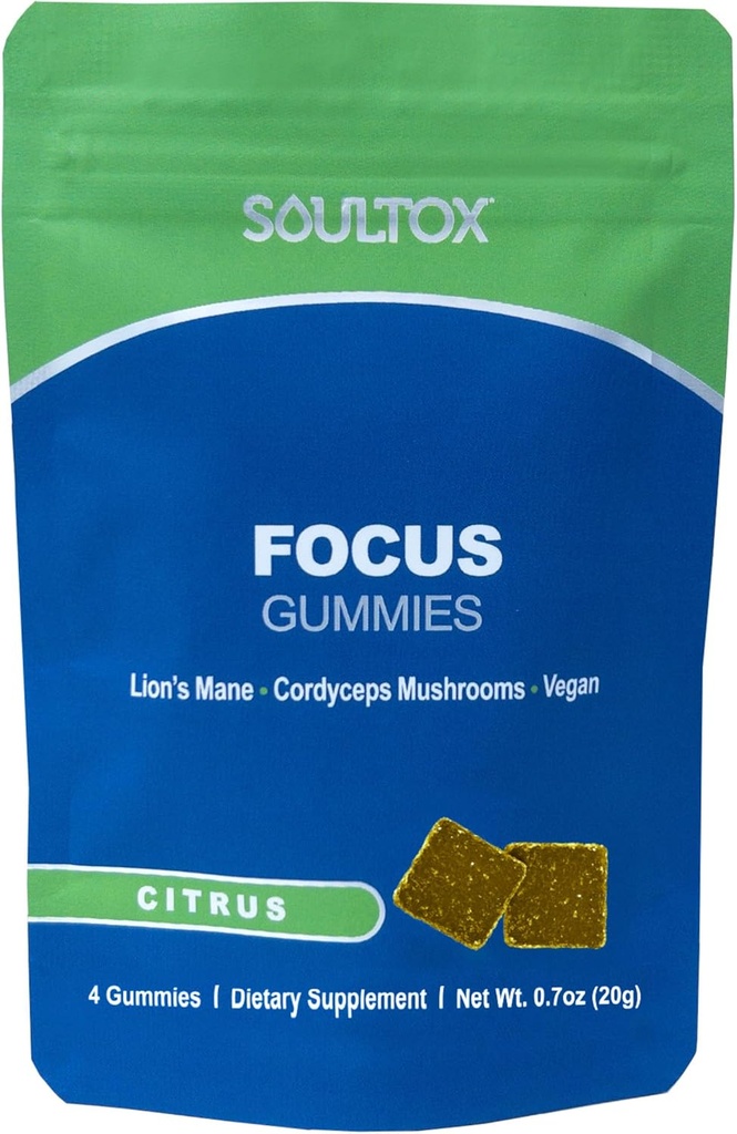 Soultox Focus Lion Mane Gummies - Citrus Flavor - Vegan Formulation s organickými Lions Mane a Cordyceps - Zvýšiť pamäť, zameranie a energiu - Citrus Flavor - Single Pack