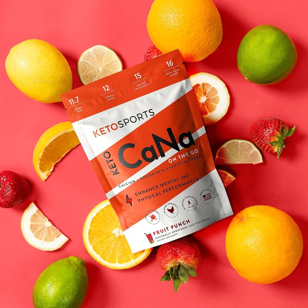 KetoSports New KetoCaNa GO (Ovocný punch) Single Servír Dietary Ketone Supplement for Fyzical and Mental Performance, Keto and Paleo-Friendly, Prirodzene sladené a ochutené 16 Stick packs