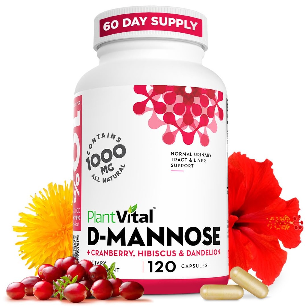Plantvital D Mannose Kapsule s Cranberry - D-mannose 1000mg Kapsule - High Potency od Bladder, Obličky a močovej Tract Podpora. Brusnicový prášok s Hibiscusom a púpavom. 2 mesiace dodávky