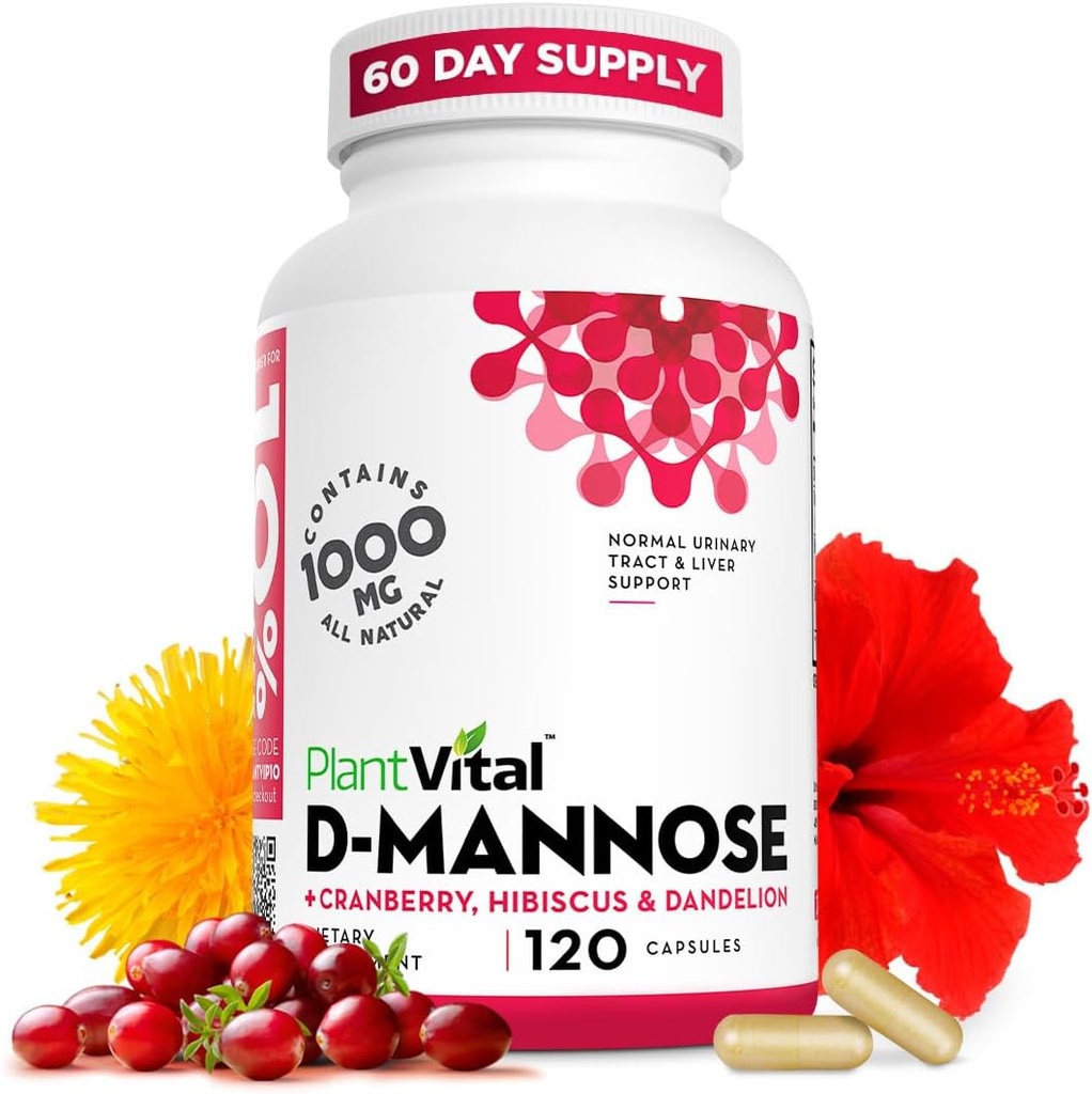 Plantvital D Mannose Kapsule s Cranberry - D-mannose 1000mg Kapsule - High Potency od Bladder, Obličky a močovej Tract Podpora. Brusnicový prášok s Hibiscusom a púpavom. 2 mesiace dodávky