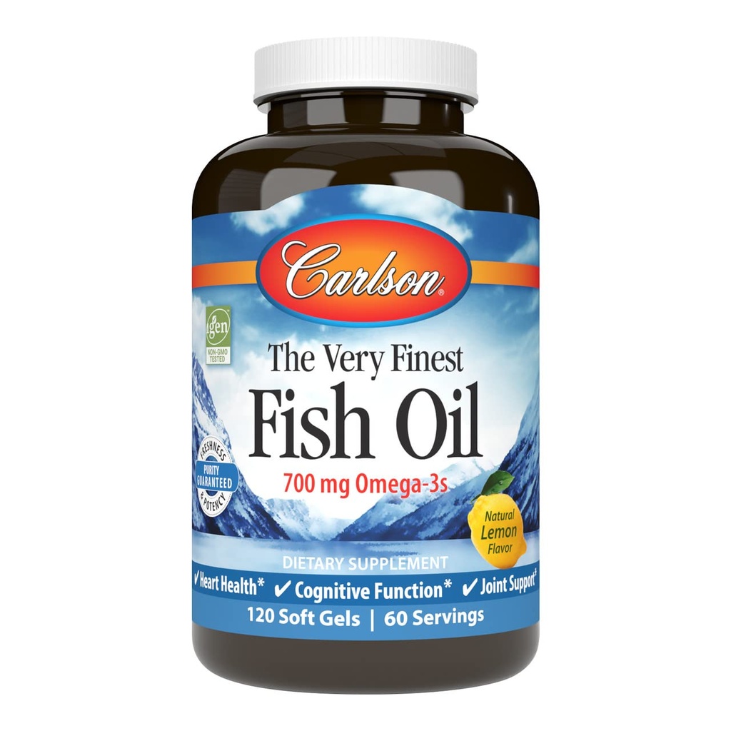 Carlson - Veľmi najjemnejší rybí olej, 700 mg Omega-3s, nórsky rybí olej doplnok, Wild Caught Omega-3 rybí olej, udržateľný zdroj rybí olej kapsule, Omega 3 doplnok, citrón, 120 Softgels