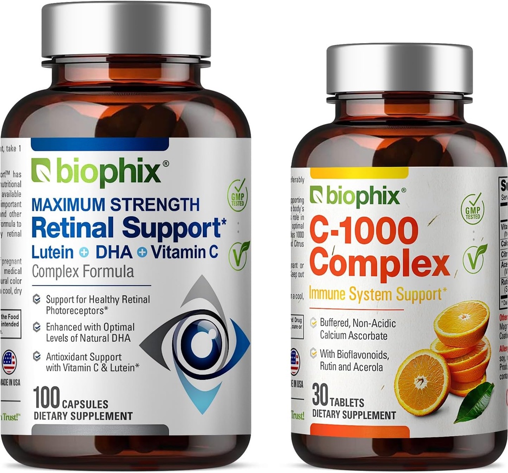 Biophix Retinal Support Maximum Strength Complex Formula 100 Kapsule - Free C- 1000 30 Tablety - Zinok Vitamín C E Lutein DHA Omega-3 Astaxantín Kyselina hyaluronová - podporuje zdravie očí