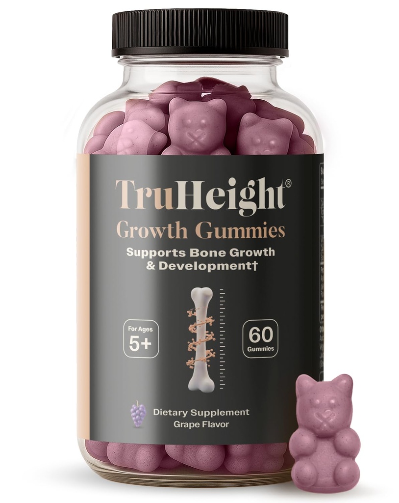 TruHeight Growth Gummies (Grape) Tall Nutrition for Natural Growth Supplement for Kids & Teens - Vitamin D, K, Calcium & Ashwagandha, Bone Strength Vitamíny D3 K2, Picky Eater, Taller Ages 5+