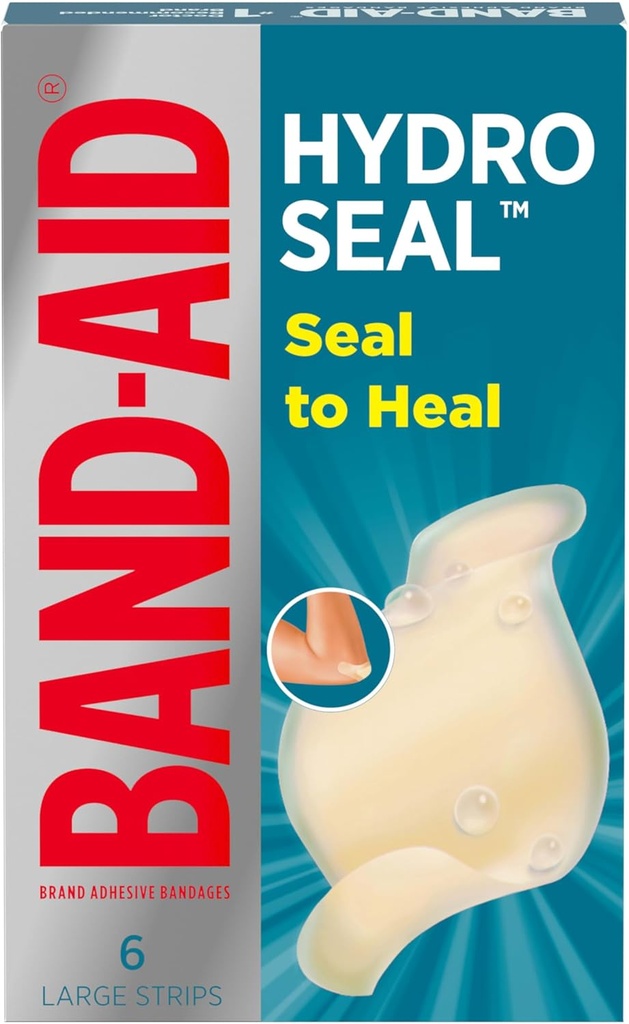 Brand BAND-AID Hydro Seal adhezívne vodotesné obväzy, veľké hydrokoloidné gélové obväzy na podporu prvej pomoci Lepšia liečba pre menšie pľuzgiere, rezy a šroty, FSA/HSA oprávnené, 6 ot