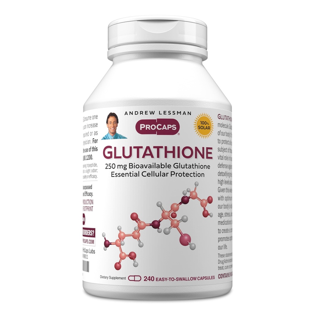 ANDREW LESSMAN Glutatión 250 mg - 240 kapsúl - Výkonný antioxidant, znižuje oxidačný stres. Biologicky dostupné, chráni bunky, tkanivá, orgány. Podporuje Imunitné zdravie. Kapsuly ľahko prehltnúť.