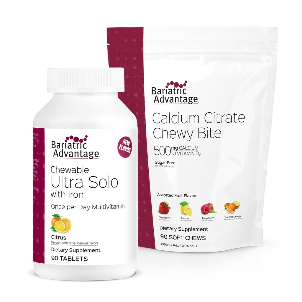 Bariatric Advantage Chewable Ultra Solo so železom - Citrus, 30 Počet a kalcium Citrate Chewy Bites 500 mg - Rôzne ovocné príchute,90 Počet