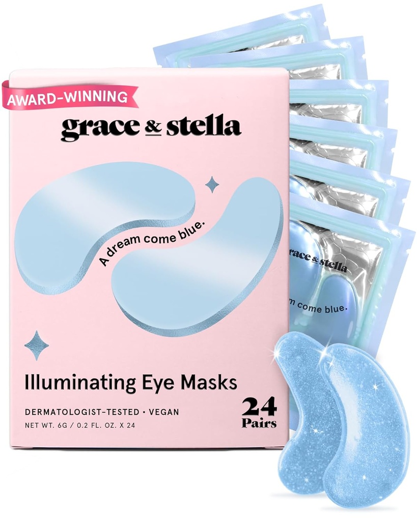 Grace & Stella Award Víťazstvo pod očnou maskou Znížiť tmavé kruhy, opuchnuté oči, Undereye Bags, Vrásky, Gél pod očami Patches, Narodeniny Dary pre ženy - Vegan Cruelty-free Self Care (24 páry, modrá)