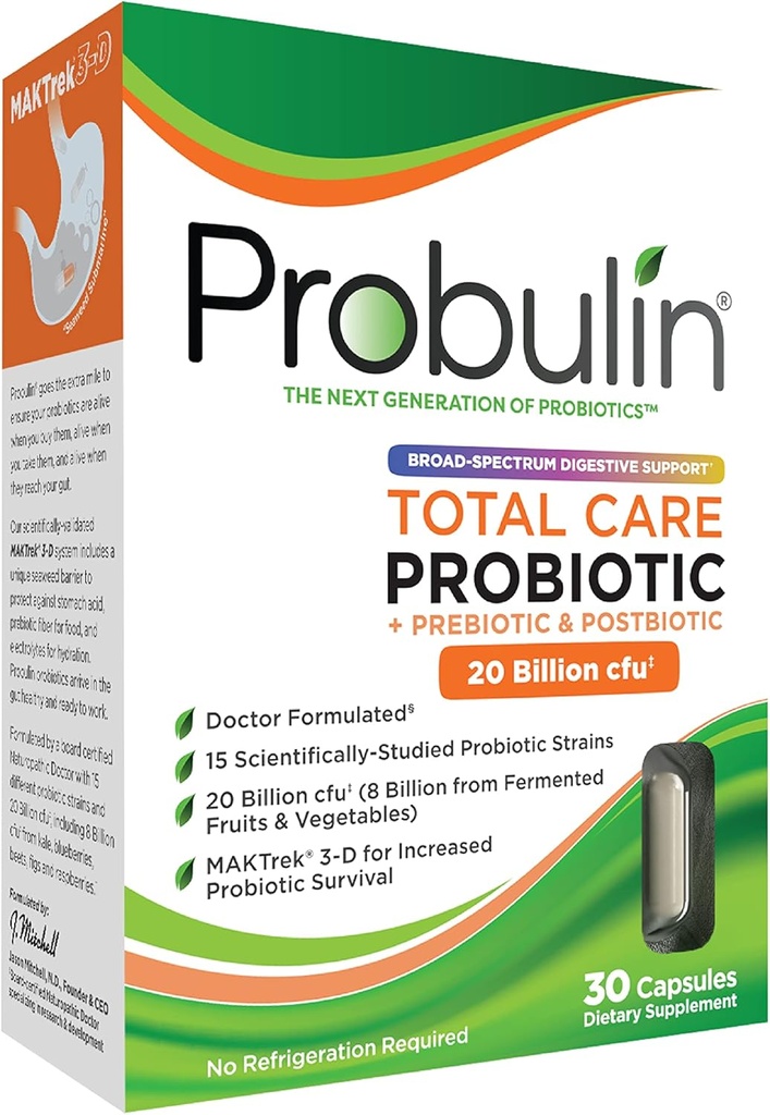 Probiotiká Probiotiká Probulín Total Care Supplement, Daily Gut, Digestive, and Immune Health Probiotiká Kapsule pre mužov a ženy, 20 miliárd CFU, Vegan, 30 gróf Box