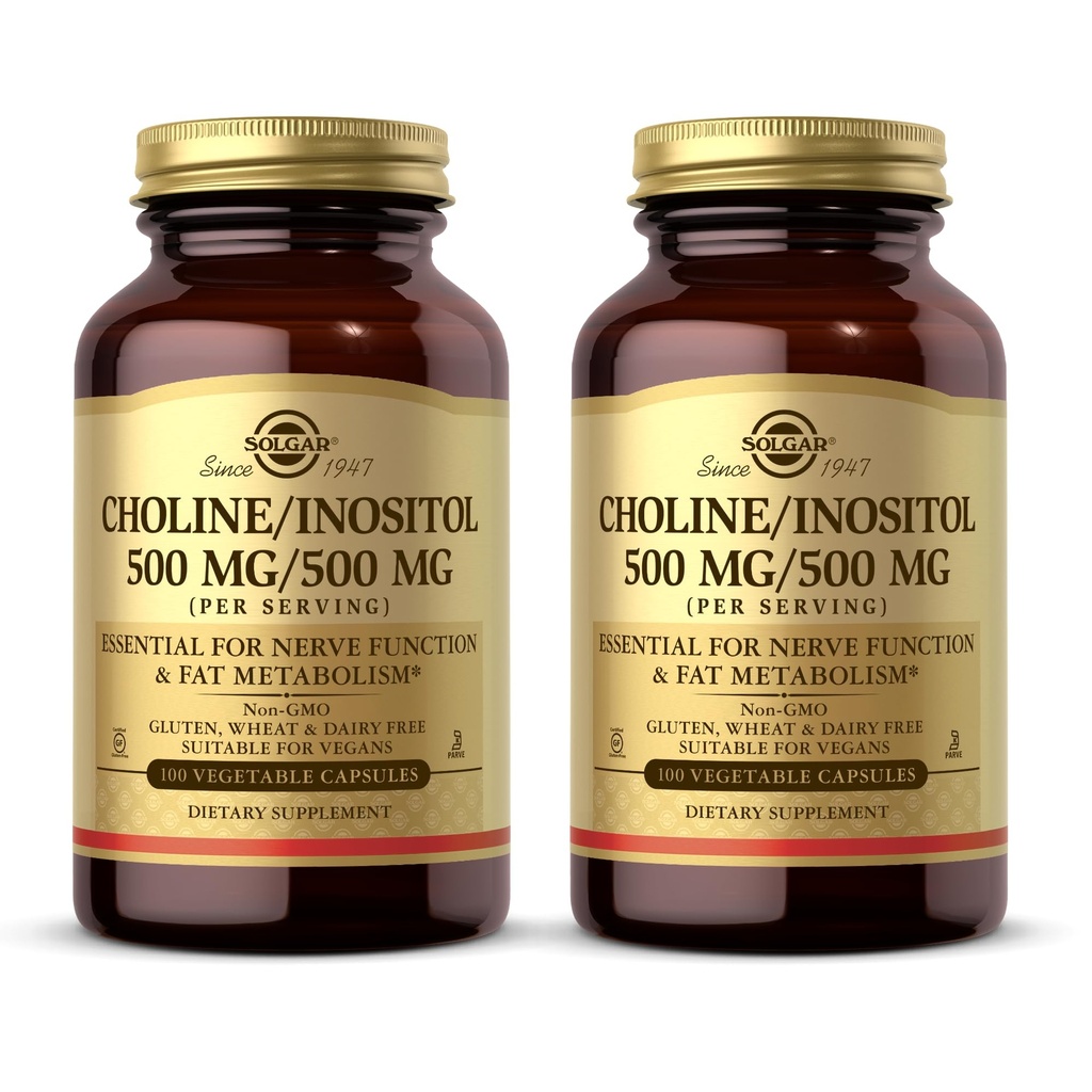 Solgar Choline/Inositol 500 mg/500 mg, 100 rastlinných kapsúl (Stock of 2) - Energetický metabolizmus, zdravie pečene, Essential for Brain & Nerve Function - Non-GMO, Vegan, Kosher - 100 Total Servings