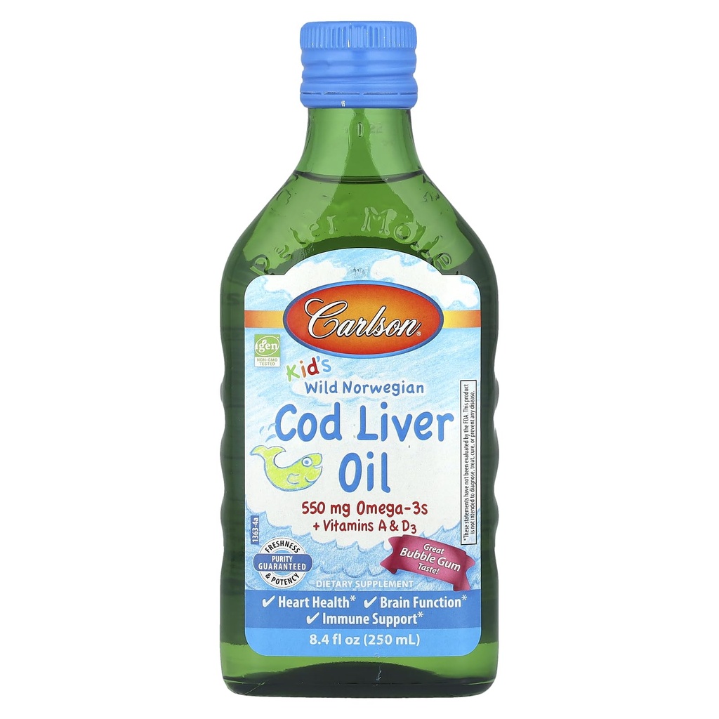 Karlson Kid's Wild Norway, Cod Liver Oil + Vitamíny A a D3, Bubble Gum, 8.4 fl oz (250 ml)