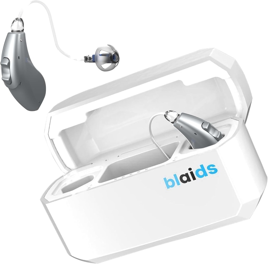 BlaidsX Neuro Dobíjateľné RIC + Programovateľné sluchové pomôcky pre dospelých s mobilným App sluchový test a zrušenie hluku, sluchové pomôcky pre seniorov, Dual Mic & 96 DSP kanálov. USA-Made procesor