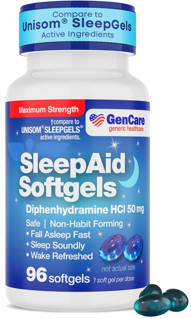 GenCare Maximum Strength Nighttime Sleep Aid Supplement for adults Deep Sleep Pills with Diphenhydramine HCl 50mg to Fall Asleep Faster- Silný Non-Habit forming PM Sleeping Relief [96 Softgels]