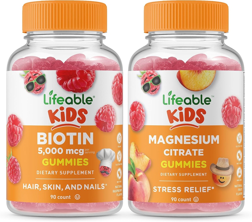 Životaschopné biotín deti + horčík citrát deti, Gummies Bundle - veľké ochutnávka, vitamín doplnok, bez lepku, bez GMO, žuvacia Gummy