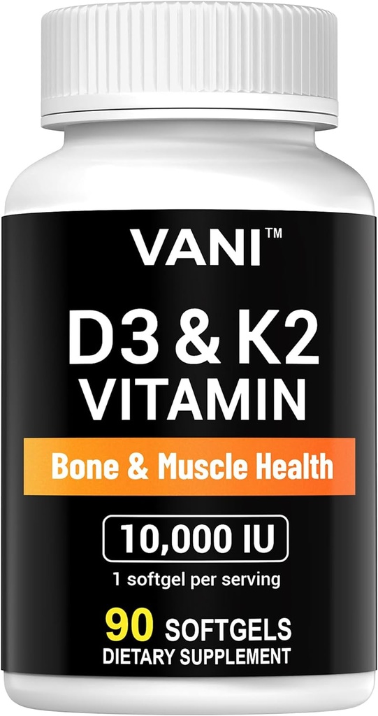 VANI vitamíny D3 (10000iu/250mcg) + K2 (ako Mk7), pre zdravie kostí a svalov, 90 SOFTGELS