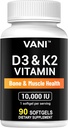 VANI vitamíny D3 (10000iu/250mcg) + K2 (ako Mk7), pre zdravie kostí a svalov, 90 SOFTGELS