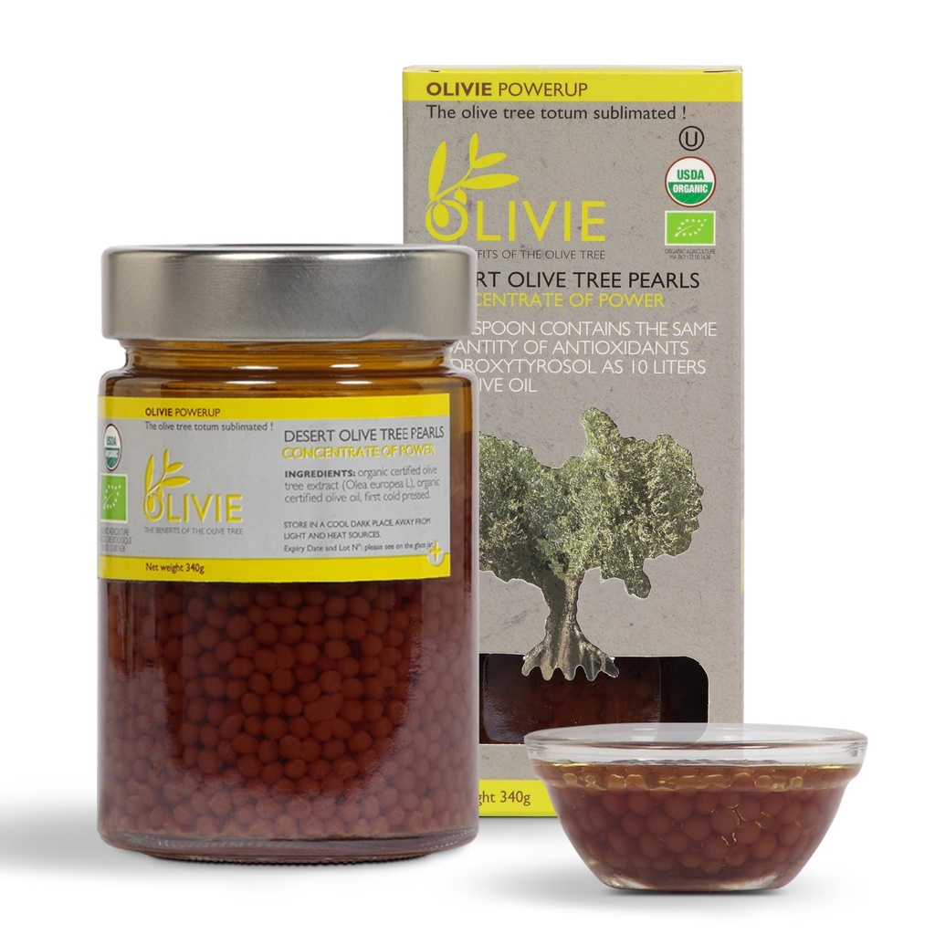 Organické Olive Leaf Extract Kapsule, PowerUp Pearls by OLIVIE, Antioxidant Polyfenoly Supplement, Olivový olej Scrub pre kožu, Immune Support, 340g