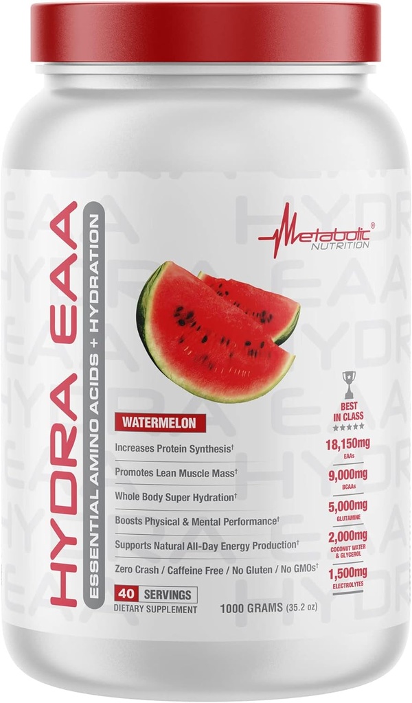 Metabolic Nutrition Hydra EAA, 1000g of Essential Amino Acids + Hydration, EAAs, BCAAs, Glutamine, Electorlytes, Coconut Water & Glycerol, Amazing Flavors (Watermelon, 1000g)