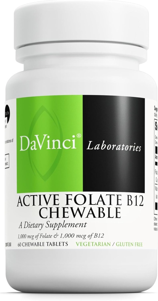DAVINCI Labs Active Folate B12 Chewable - Dietetický doplnok na podporu zdravia srdca, zdravých nervov, imunitnej funkcie a výroby energie* - s folátom a vitamínom B12-60 Žuvacie tablety
