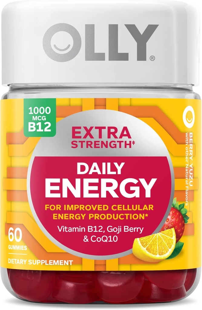 OLLY Extra Strength Daily Energy Gummy, Caffeine Free, 1000mcg Vitamin B12, CoQ10, Goji Berry, Adult Chewable Supplement, Berry Yuzu Flavor - 60 Count