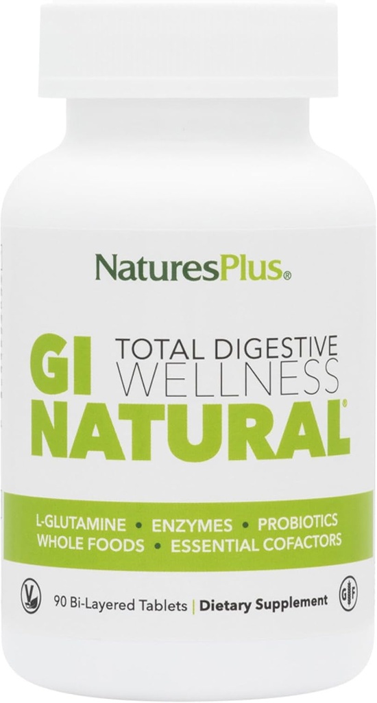 Natures Plus GI Natural Total Digestive Wellness - 90 Bi- Layered Tablets, Balenie 3 - s L-Glutamine, Probiotiká, Prebiotiká & Enzymes - Gluten Free - 90 Celkové služby