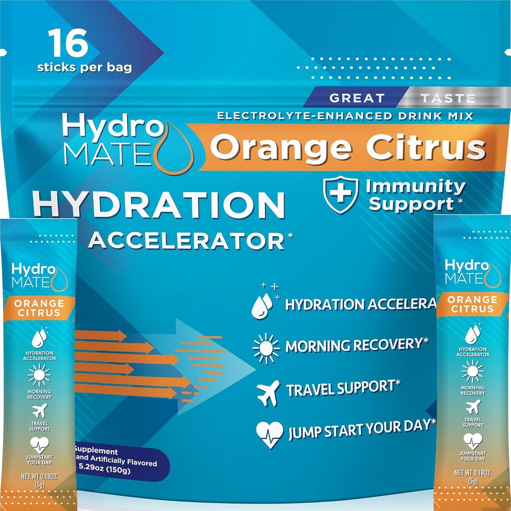 HydromATE Electrolytes prášok s nízkym obsahom cukru - 16 Instant hydratačné pakety s vitamínom C pomaranč na zvýšenie energie - nízky cukor Electrolytes prášok pakety na podporu hydratácie pre rýchle zotavenie strany