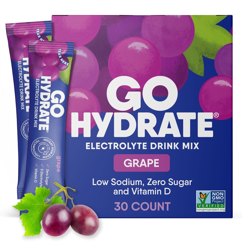 GoHydrate Instant Hydratácia Powder Pakets - Nízky obsah sodíka Elektrolyty Nápoj Mix - Prírodná hydratácia Podpora, Bezcukrový Electrolyt Ochutený prášok Nápoj s vitamínom D, 30 Balenie, Hrozno