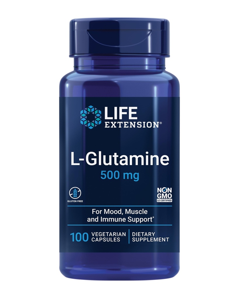 Life Extension L-Glutamine, 500 mg L-glutamín, Aminokyselina, podporuje zdravie svalov a imunitné zdravie, bez lepidla, non-GMO, 100 Vegetariánske kapsuly