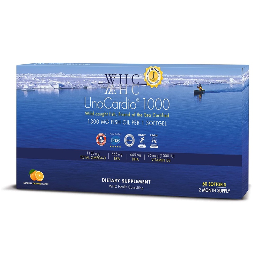 WHC, UnoCardio 1000 Fish Oil, 1300 mg čistého triglyceridového rybieho oleja s Omega-3 (1180 mg), 665 mg EPA a 445 mg DHA a 25 mcg (1000 IU) Vitamín D3 na mäkký gél, prírodný pomaranč, 60 softgelov
