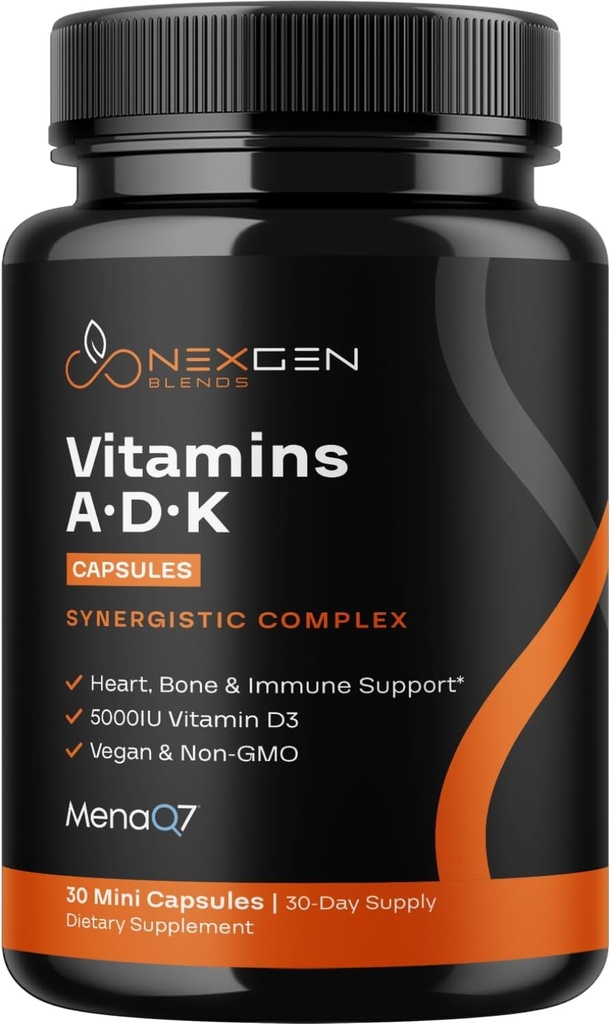 ADK vitamín s vysokou absorpciou - vegánsky vitamín D3 K2 MK7 a A pre reguláciu vápnika Plus kostná štítna žľaza a imunitná podpora - vitamín ADK s 5000 IU D3 Non GMO a bez lepidla (1 mesiace)