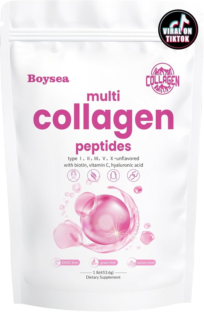 Boysea. Powder Multi-Colagen Peptidy - Hydrolyzovaný proteín Peptid Typy I, II, III, V, X s biotínom a vitamínom C, podporuje pokožku, vlasy, nechty, a kĺb, Neflavované, non-GMO, Gluten-free, Easy Mix 1LB