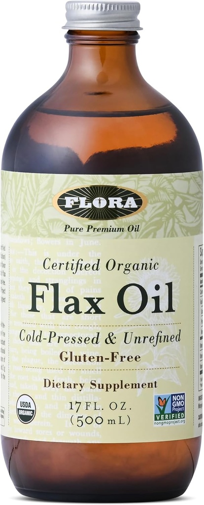 Flora - Ľanový olej - za studena lisovaný, nerafinovaný, organický ľanový olej - obsahuje Omega-3 & Omega-6 - Non-GMO & Gluten-free - udržujte chladený - 17 fl. oz. Amber Sklenená fľaša