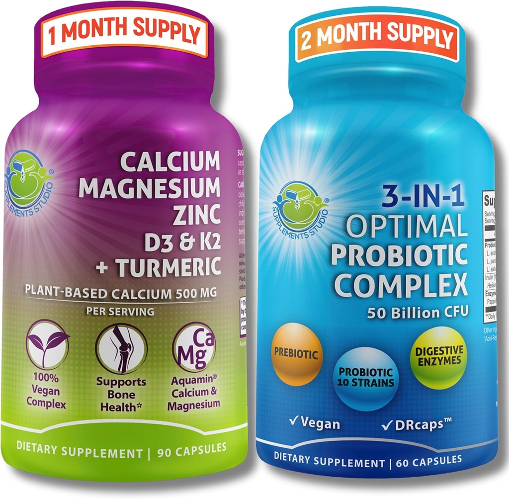 Zdravie kostí a Gut Podpora Bundle 3-in-1 Probiotikum 50 miliárd CFU, Prebiotické a tráviace enzýmy + Rastlinný vápnik, horčík, Zinok, D3, K2 & Organic Turmeric 
