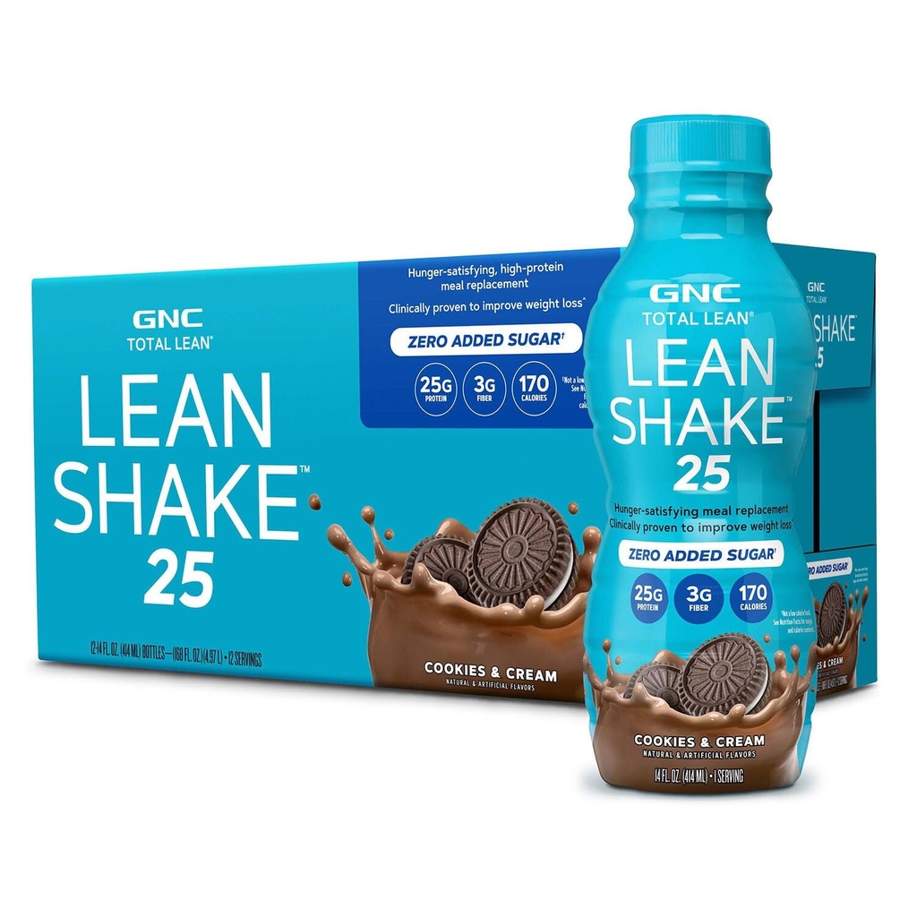 GNC Lean Shake 25 Bielkoviny Shake, klinicky preukázateľné riadenie hmotnosti, náhrada jedla, 25 g proteín s nulovým prídavkom cukru, pripravený na pitie, Cookies a krém, balenie 12