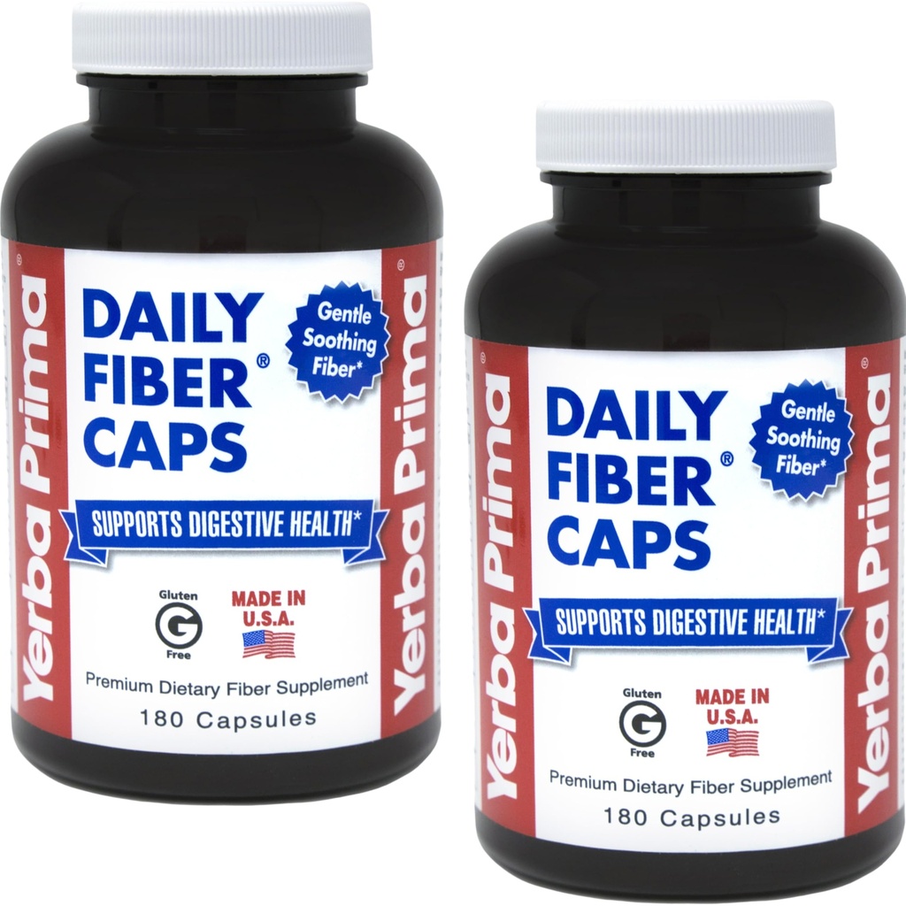 Yerba Prima Daily Fiber Formula - 180 caps (Pack of 2) - Rozpustné a nerozpustné Dietary Fiber Supplement - Colon Cleanse - Gut Health - Vegan, Non-GMO, Gluten-Free