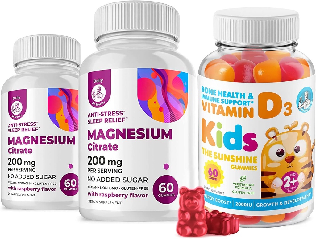 Vitamín D Gumičky pre deti a dospelých 2000 IU a horčíkové Gumičky - zdravé vitamín D3 doplnky 1000IU - Vegetariánska bezželatína Imunitná podpora s bezcukrovým horčíkom Pokojné žuvačky pre deti a dospelých