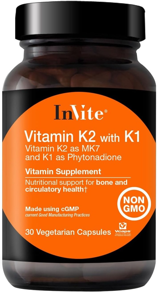 Pozývame zdravie vitamín K2 s K1 - podporuje zdravie kostí a obehu - vitamín K2 ako MK7 a K1 a Phytonadión - 30 Vegetariánskych kapsúl