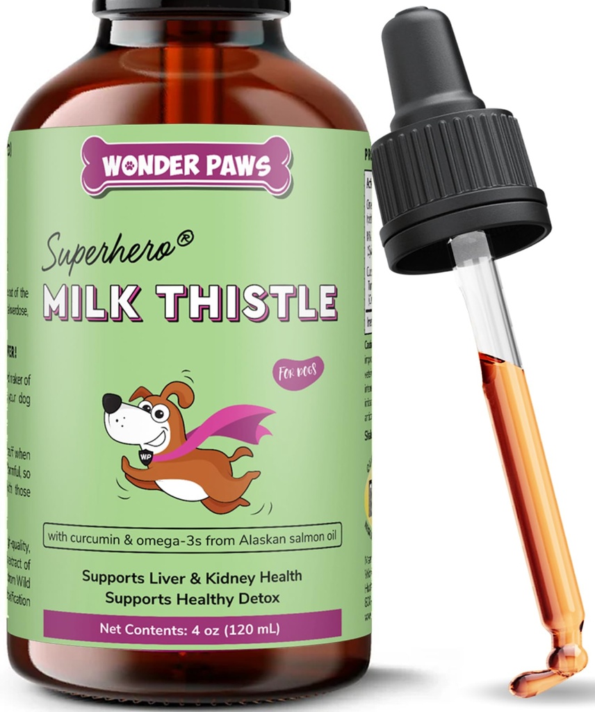 Wonder Paws Milk Thitle, Pečeň Podpora pre psy, Podporuje funkcie obličiek pre domáce zvieratá, Detox, Hepatická podpora, s Wild Aljašský lososí olej a kurkumín, Omega 3 EPA & DHA (4 Oz)