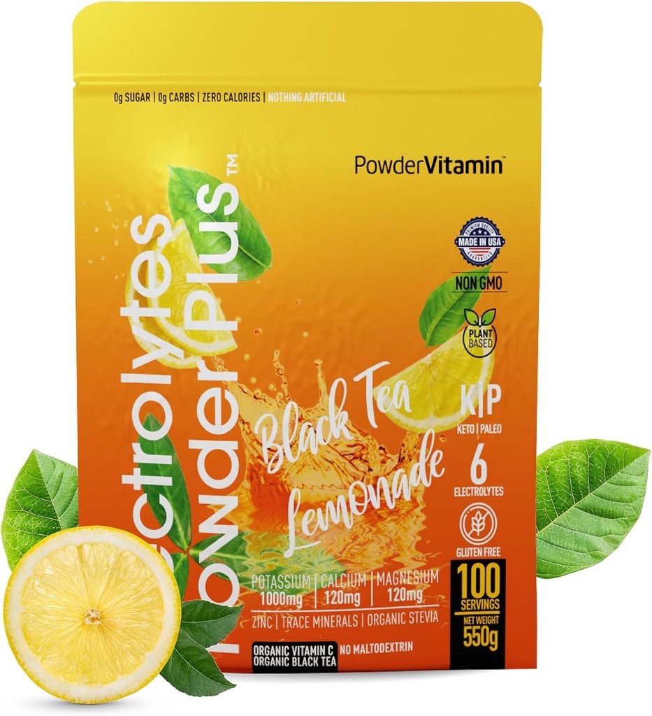 Prášokvitamín Electrolytes Powder Plus (100 porcií) Čierny čaj Lemonade Electrolyte Powder Zero Calorie Keto,0 Cukor, No Maltodextrín,1000mg Draslík,120mg Vápnik,120mg Magnézium, Hydratačný prášok