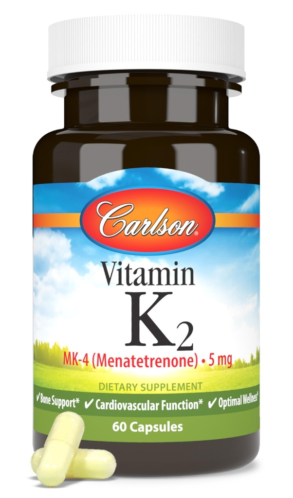 Carlson - vitamín K2, MK-4 (Menatetrenon), vitamín K doplnok, zdravie kostí a srdca, K2 vitamín, bez sóje, 60 kapsúl