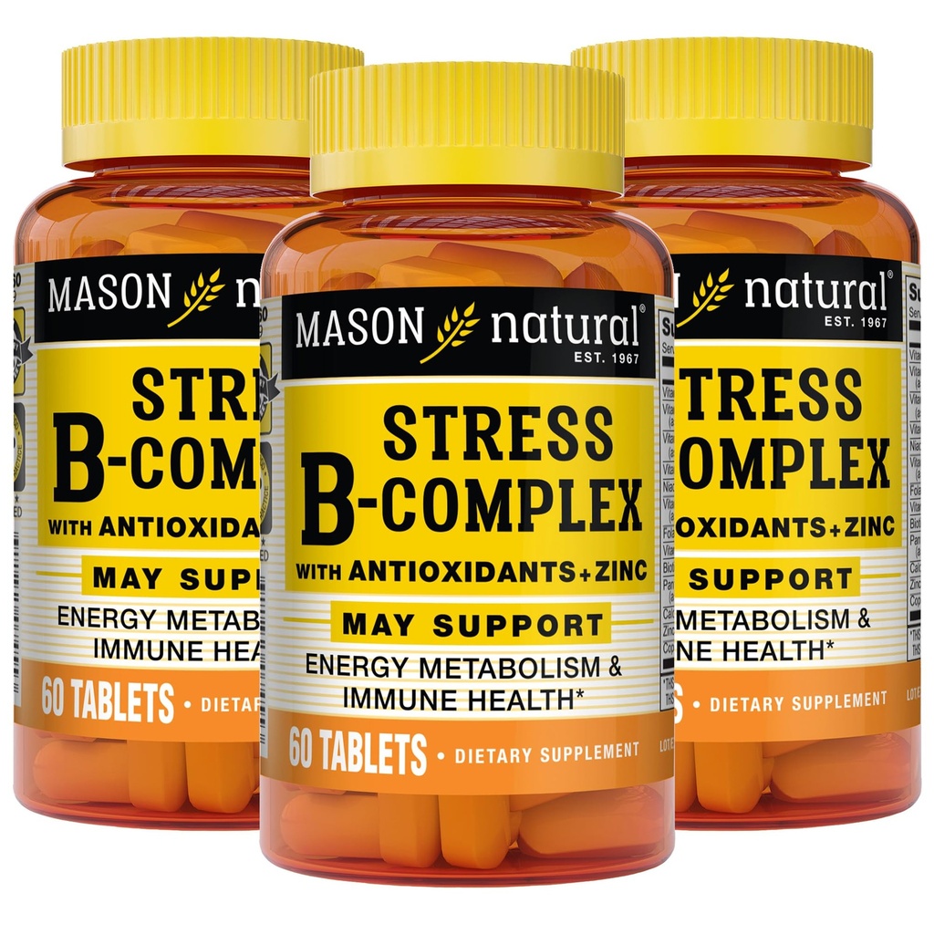MASON NATURAL Stress B, Complex with Antioxidants + Zinok, 6 mesiacov dodávky, Dual Action Formula, podporuje energetický metabolizmus a imunitné zdravie, 3 balenie
