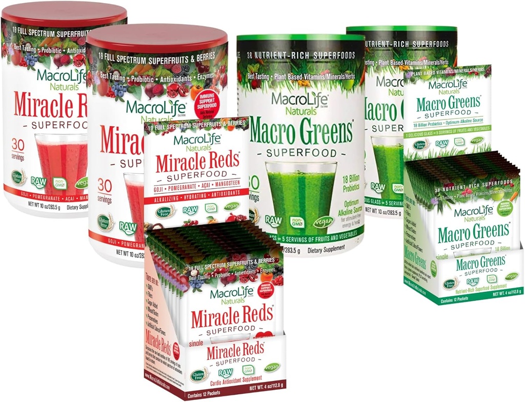 MacroLife Survivor 6-Count Bundle, 2 Makro Greens 10oz +1 Packet Box (12ct), 2 Miracle Reds 10oz +1 Packet Box (12ct)