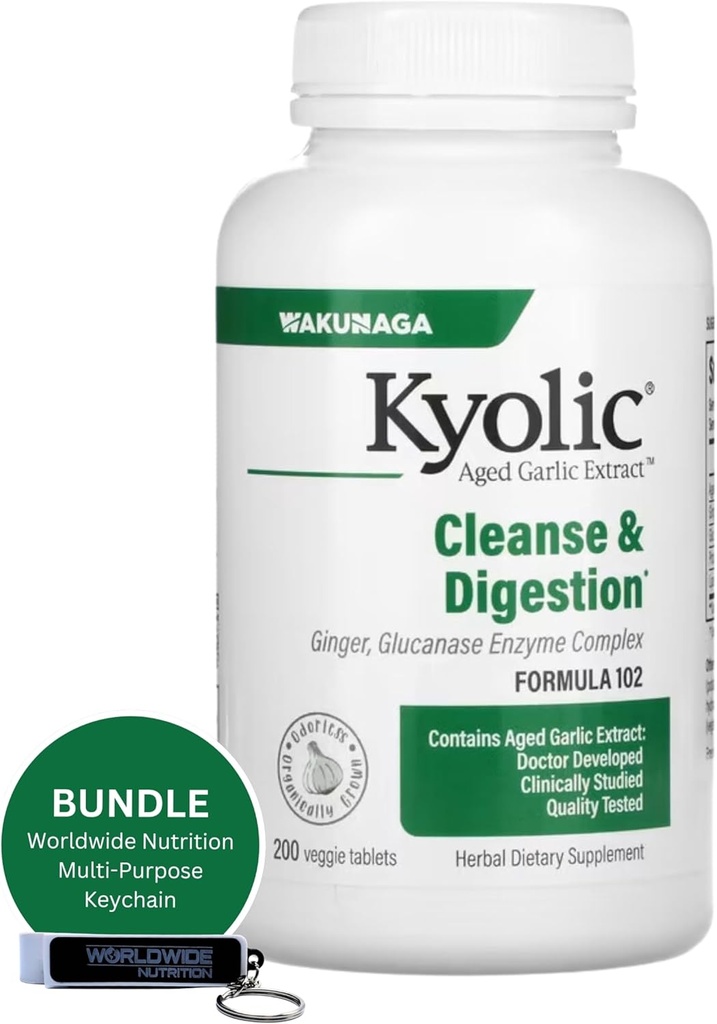 Celosvetová výživná zmes: Kyolic Aged Cesnakový extrakt 200 Veggie Tablety Formula 102 Cleans & Digestion - obohatené o cesnak zázvor doplnok - 200 Počet s multi-Purpose Key Chain