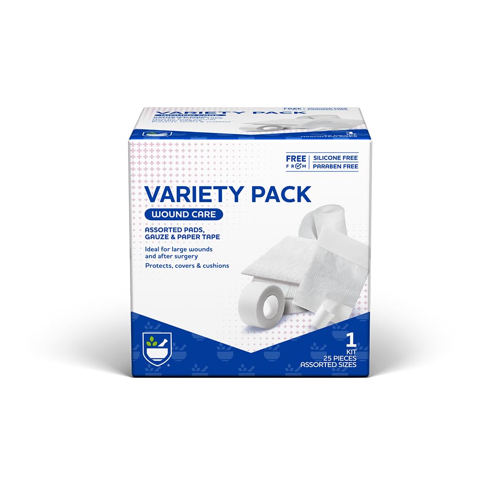 Rite Aid prvej pomoci Gauze Pads, balíček odrôd - Zahŕňa 25 rozmanité Gauze Pads a pásky 