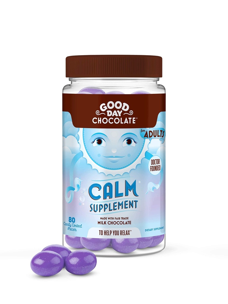Dobrý deň čokoláda prírodné upokojujúce doplnok pre dospelých, zmes Camomile, teanína, horčík, Fair Trade a non-GMO čokoláda, 80 kusov