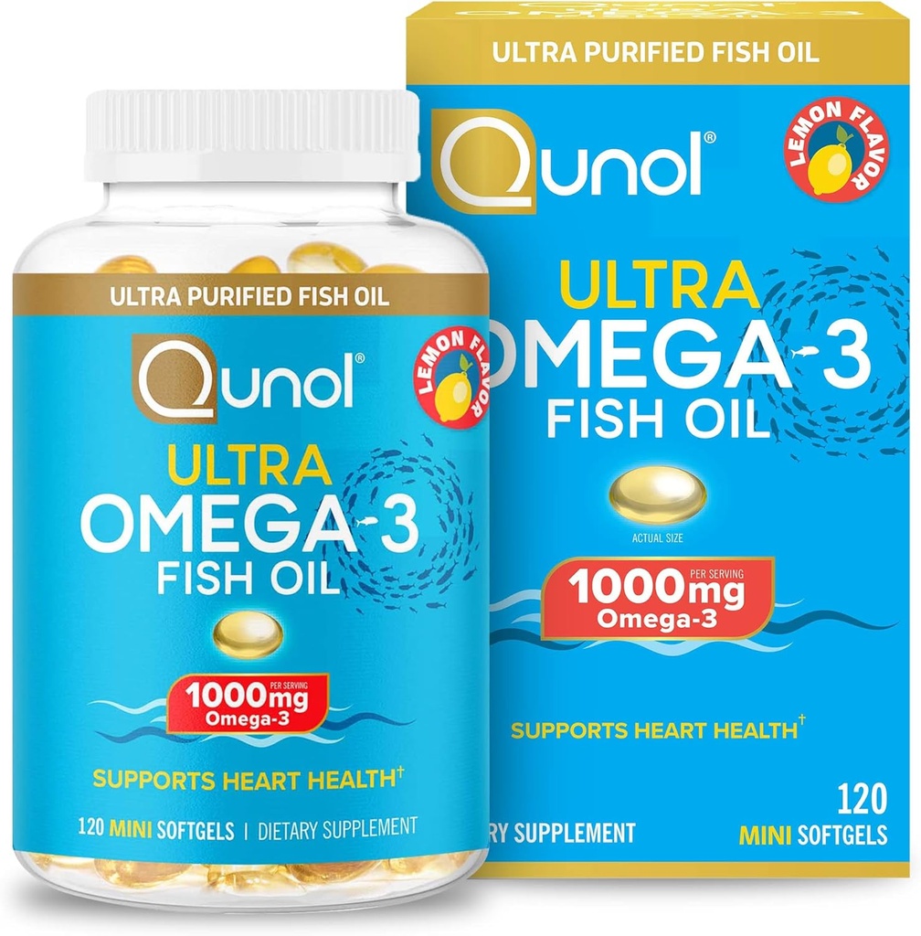 Qunol Omega 3 Fish Oil Mini Softgels, 1000mg Ultra Pure Fish Oil, Heart Health Support, Omega 3 DHA Supplements, Citrónová príchuť, 2 mesiace dodávky, 120 Počet