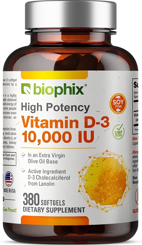 biofilx Vitamín D-3 10000 IU 380 Softgels - vysoká potencia v extra panenský olivový olej bez GMO sóje podporuje silné kosti imunitného zdravia